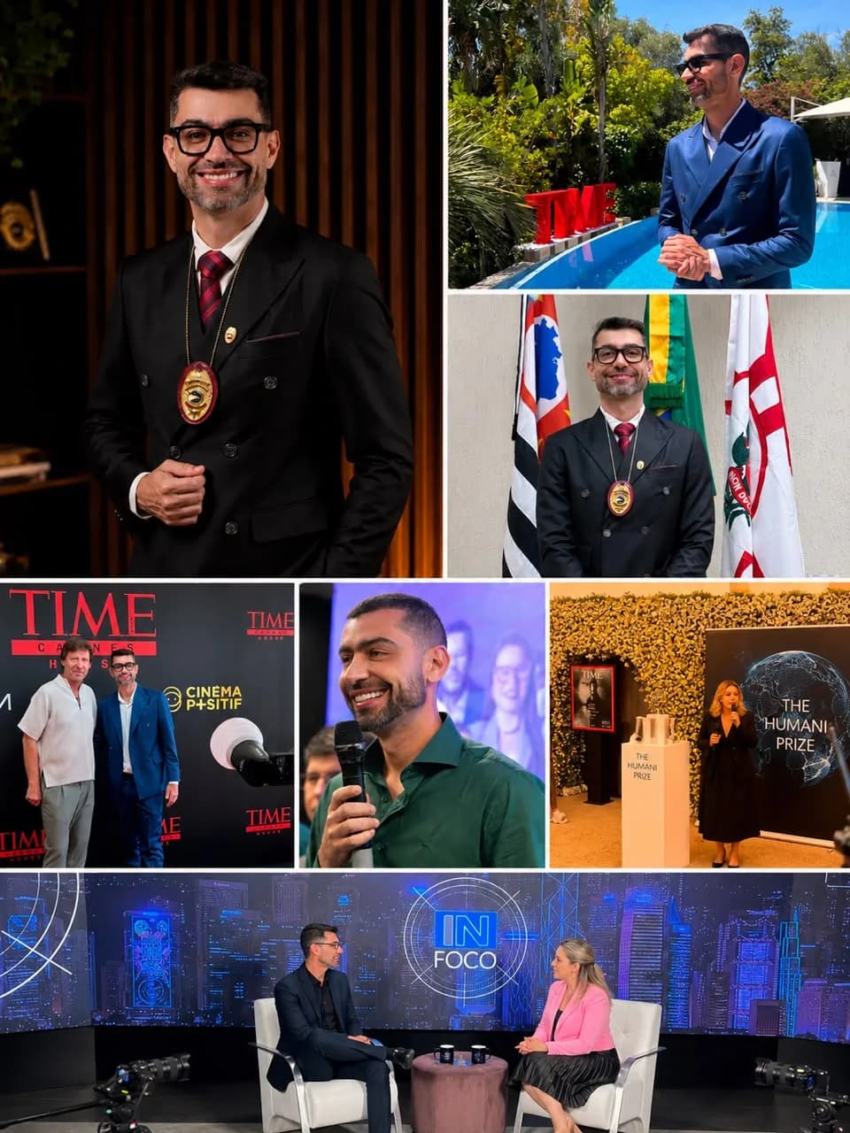 Colagem de fotos de Daniel Henrique: retrato com a medalha, TIME em Cannes, condecoração diante das bandeiras do Brasil e de São Paulo, The Humani Prize e entrevista em estúdio